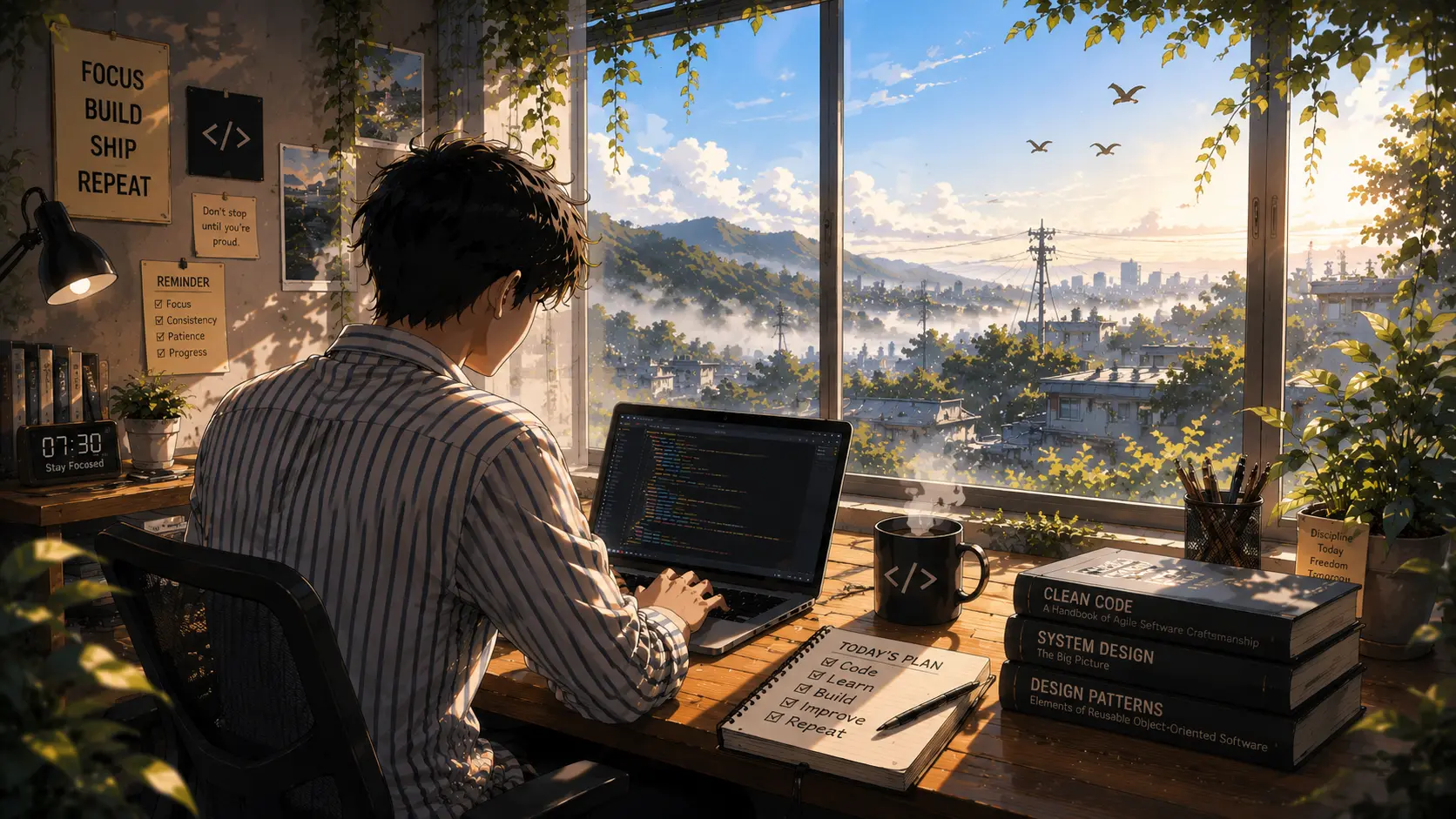 Developer coding by a waterfall in a sunlit morning forest