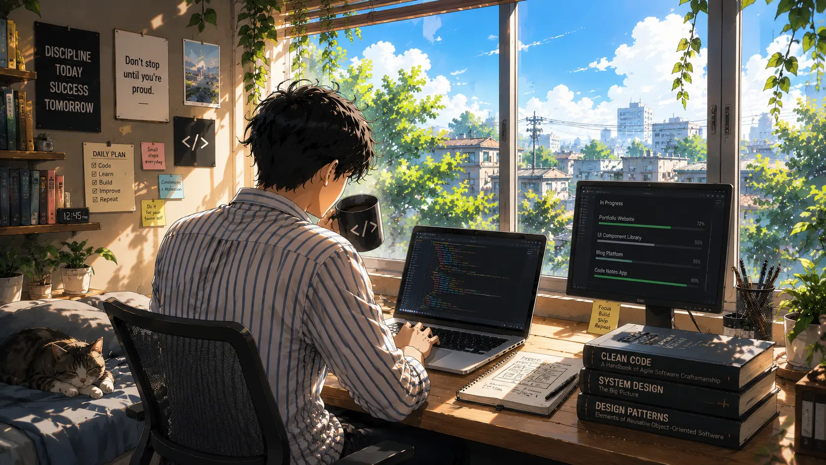 Developer coding in the bright afternoon light