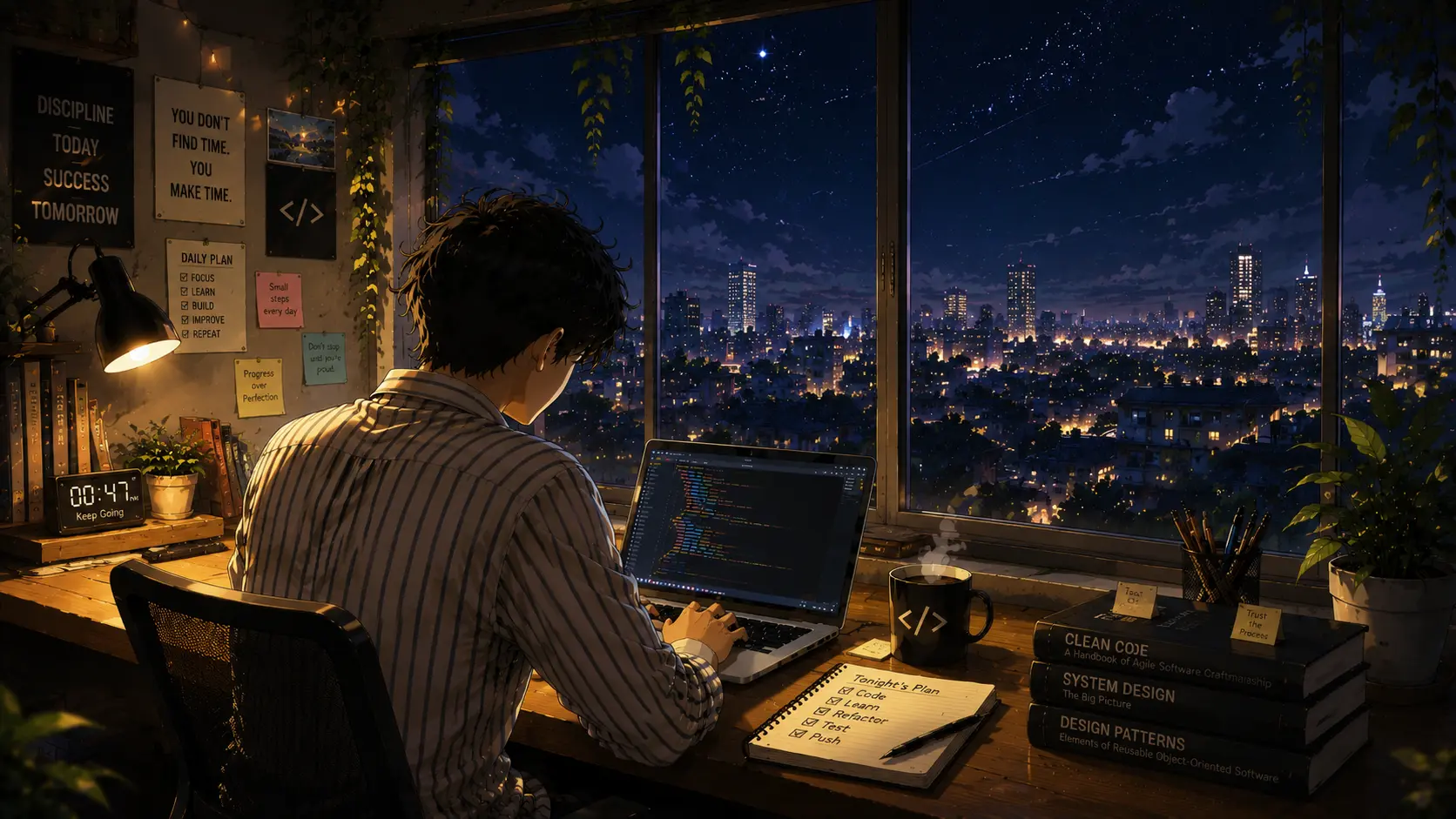 Developer coding at a desk late at night