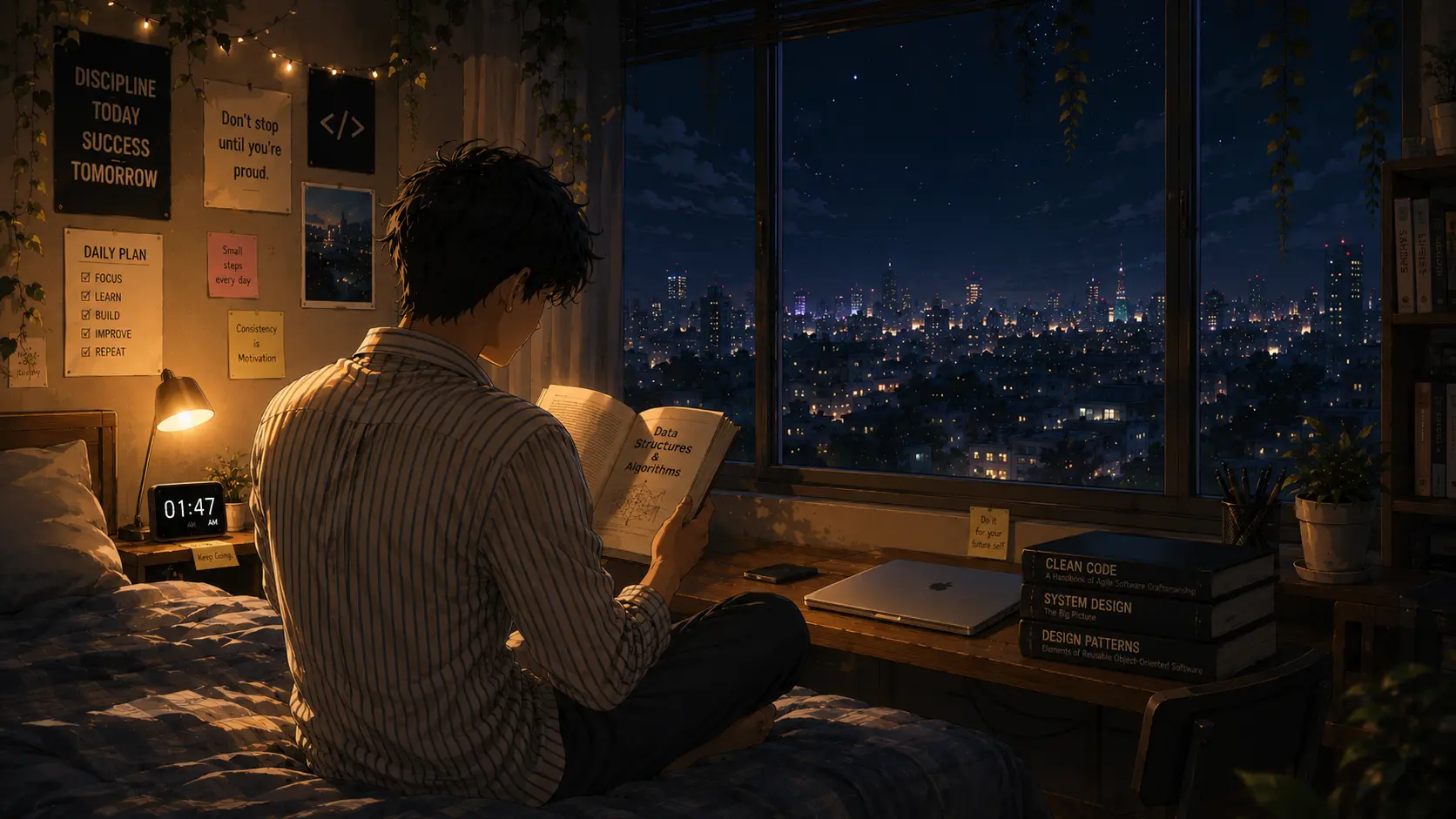 Developer reading a book in the night
