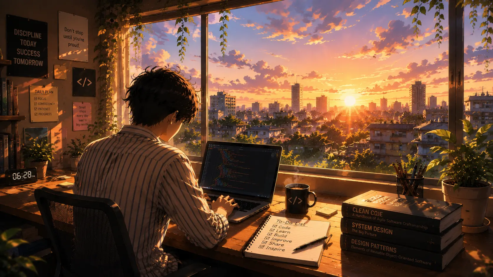 Developer coding on a rooftop at golden-hour sunset